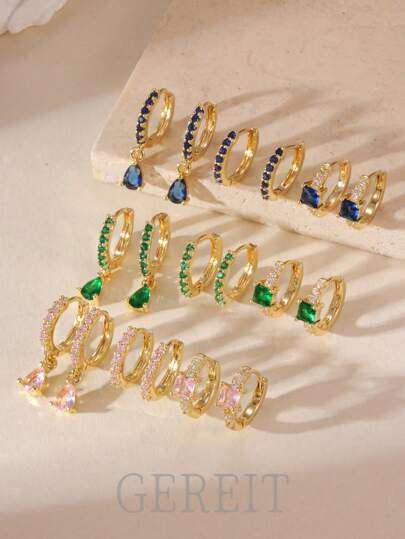 GEREIT 6pcs Fashion Sparkling Candy Color Cubic Zirconia Teardrop Hoop Earring Set, Suitable For Women's Daily Wear