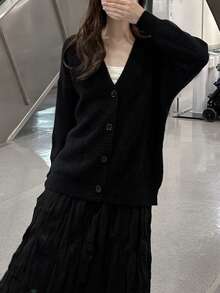 Knitted Cardigan Women Top, Loose Fit Casual Sweater Coat, Autumn/Winter - Black - View 4