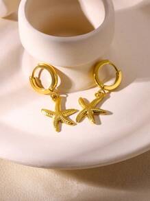 1 Pair Cute Starfish Earrings, Women's 18K Gold Plated Stainless Steel Earrings, Hypoallergenic Jewelry, Christmas Gift - Yellow Gold - View 9