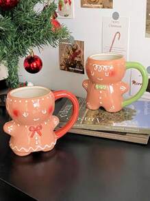 1pc 320ml Cute Gingerbread Man Shaped Ceramic Mug, Adorable Cartoon Christmas Coffee Cup, Milk Cup, Suitable For Breakfast Cup, Latte Cup, Christmas Gift, Couple Cup Back To School - Multicolor - View 3