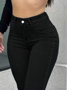 Women's Mid Waisted Slim Fit Fashionable Classic Stretch Denim Pants Jeans Tight Pants Pockets - 黑色 - 查看 4