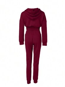 Shirred Pocket Design Crop Hoodie & High Waist Cuffed Sweatpants Set
