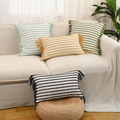 1 件装编织条纹装饰抱枕套，无枕芯，流苏枕套，适用于客厅、沙发、卧室装饰