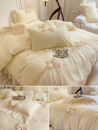 2/3 pièces Set Housse de couette volantée à nœud en chiffon (1 housse de couette, 1/2 taie d'oreiller), Ensemble de literie 3D en polyester avec nœud à la française, Doux et confortable, Utilisation toute l'année, Lavage machine, Avec sangles aux coins, Convient pour la chambre, la maison et l'hôtel