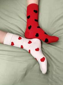 1/2 Pairs Couples' Heart Pattern Mid-Calf Socks, Suitable For Gift - Multicolor - View 1