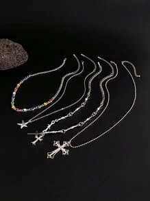 4pcs Vintage Punk Gorgeous Multi-Color Rhinestone Cross Necklace Set, Party & Festival Accessory For Men