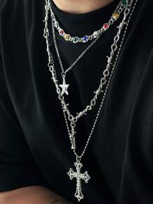 4pcs Vintage Punk Gorgeous Multi-Color Rhinestone Cross Necklace Set, Party & Festival Accessory For Men