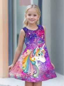 年轻女孩休闲舒适独角兽和星空 3D 印花无袖连衣裙，适合度假和日常穿着 - 彩色 - 查看 1
