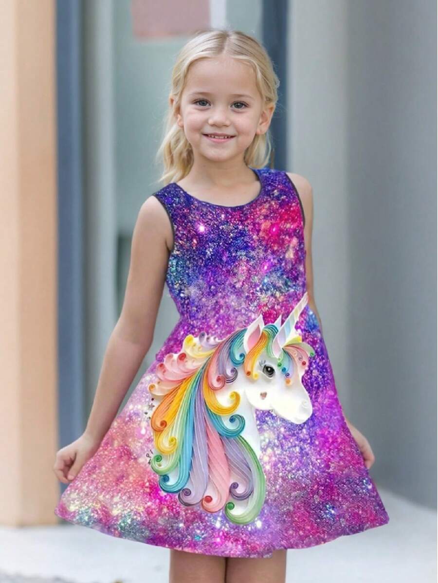 年轻女孩休闲舒适独角兽和星空 3D 印花无袖连衣裙，适合度假和日常穿着 - 彩色 - 查看 1
