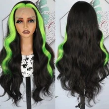 13X4 Free Part Black Green Highlights Body Wave Lace Front Wigs Pre Plucked Soft Long Wavy Hair Wigs Heat Resistant Wave Wigs Glueless Christmas Wig Long Wavy Synthetic Lace Front Wigs For Women Perfect For Daily Wear & Parties - 挑染綠色 - 查看 7