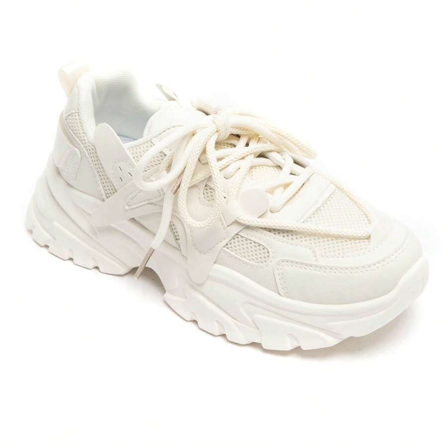 Flat Sneakers With Laces And Openwork Design - Beige - View 1