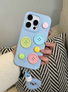 Phone Charm 3D Button Leather Texture Phone Case Compatible With Iphone 16, 15, 14, 13, 12, 11 Full Protection Cover - Blue - View 1