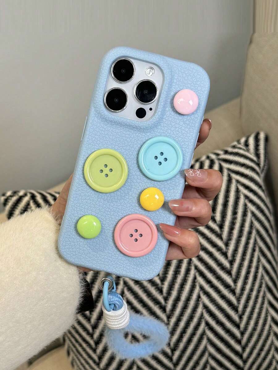 Phone Charm 3D Button Leather Texture Phone Case Compatible With Iphone 16, 15, 14, 13, 12, 11 Full Protection Cover - Blue - View 1