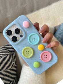 Phone Charm 3D Button Leather Texture Phone Case Compatible With Iphone 16, 15, 14, 13, 12, 11 Full Protection Cover - Blue - View 3