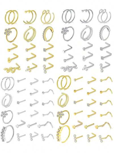 Set de 18/23 piezas de anillos para la nariz con circonita brillante, aretes para la nariz, de acero inoxidable que incluye flores, amor, serpiente, geometría, conjunto de joyas minimalistas, de alta calidad. Anillos para la nariz en forma de L, aretes de botón, joyas, hipoalergénico. Regalo para San Valentín, mamá, madre, Día de la Madre.