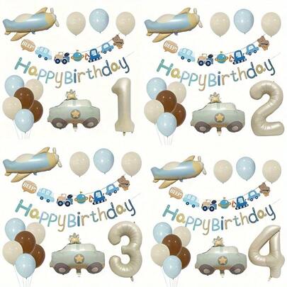 Bộ 16 bóng bay sinh nhật mờ cổ điển, bóng bay số màu trắng 32 inch, vòng hoa cờ sinh nhật vui vẻ, bóng bay lá kim loại hình ô tô, gấu, máy bay để trang trí tiệc sinh nhật, trong nhà, ngoài trời, quà tặng, giáng sinh