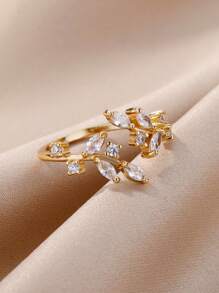1 Stück exquisiter Zirkonia-Blatt-Ring für Frauen, verstellbarer Ring aus rostfreiem Stahl in Goldfarbe, Blätter-Design, Luxus-Modeschmuck Geschenk