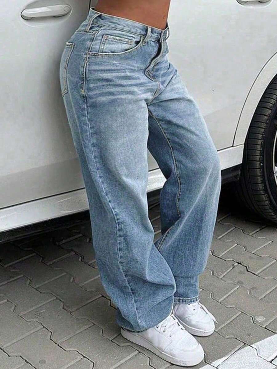 Quần jeans ống đứng dáng rộng, chất liệu denim mài kiểu vintage dành cho nữ, cỡ lớn, thích hợp cho mùa xuân. - Rửa nhẹ - Xem 1