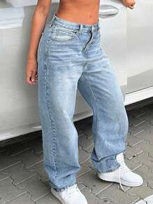 Quần jeans ống đứng dáng rộng, chất liệu denim mài kiểu vintage dành cho nữ, cỡ lớn, thích hợp cho mùa xuân. - Rửa nhẹ - Xem 3