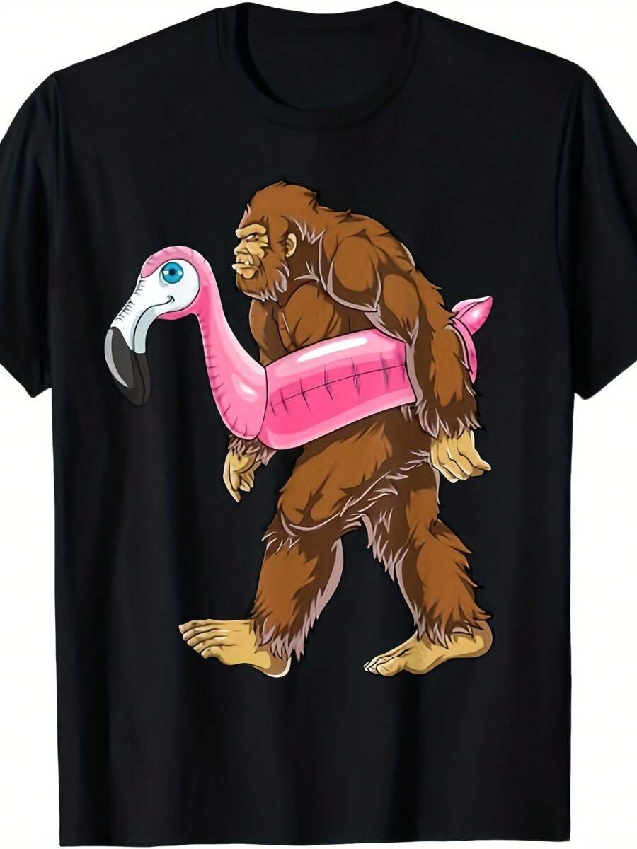 Pool Party Big Foot Flamingo Pattern T-Shirt, Men's Short Sleeve T-Shirt, Casual And Comfortable Round Neck T-Shirt, Daily Wear Top - 黑色 - 查看 1
