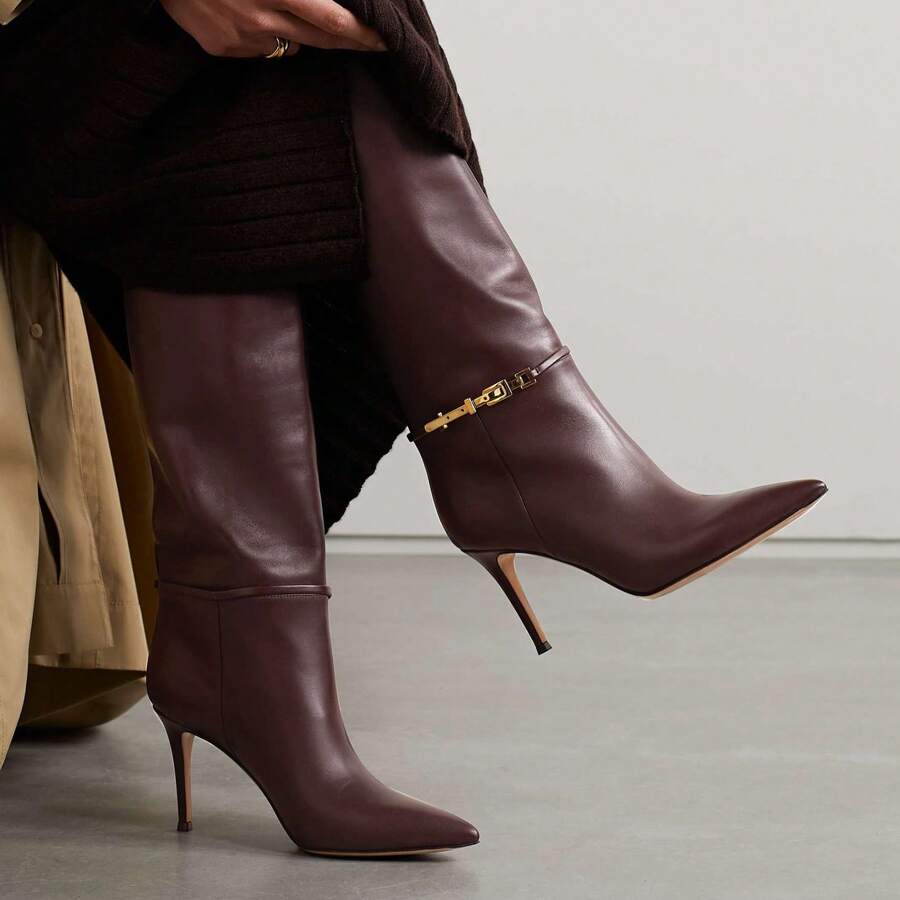 Knee High Boots Women Pointed Toe Stiletto Tall Boots Sexy High Heel Long Boots Fashion Dress Shoes With Side Zipper - màu nâu - Xem 1