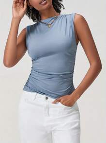 Women's Ruched Tank Tops Slim Solid Color Boat Neck Sleeveless Shirt For Party Club - Blue - View 4