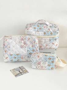 1 Pieza/Set Organizador de cosméticos multifuncional de gran capacidad con estampado floral y de cuadros, bolso de mano con cremallera para almacenar lápices labiales, brochas, productos de cuidado de la piel, artículos de viaje esenciales, bolsa de maquillaje, organizador de maquillaje, regalo para mujeres en vacaciones, invierno, San Valentín, vuelta al colegio