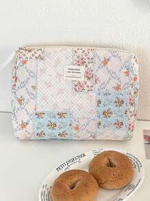1 Pieza/Set Organizador de cosméticos multifuncional de gran capacidad con estampado floral y de cuadros, bolso de mano con cremallera para almacenar lápices labiales, brochas, productos de cuidado de la piel, artículos de viaje esenciales, bolsa de maquillaje, organizador de maquillaje, regalo para mujeres en vacaciones, invierno, San Valentín, vuelta al colegio