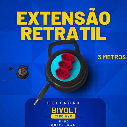 EXTENSÃO 3 em 1 COM  5 METROS  REDONDA RETRATIL 110-220V bivolt 3 ENTRADAS - COR SORTIDA