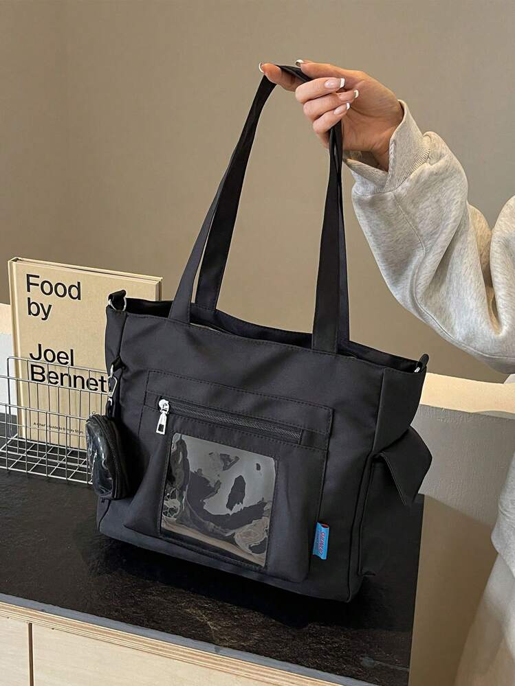 Diseño de bolsillo transparente, bolso de mano de gran capacidad con monedero, nueva mochila de estilo coreano con múltiples bolsillos, bolso cruzado casual multifuncional, bolso de lona mediano, bolso de tote con bolsillo de PVC transparente - Negro - Añade 2