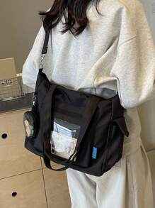 Diseño de bolsillo transparente, bolso de mano de gran capacidad con monedero, nueva mochila de estilo coreano con múltiples bolsillos, bolso cruzado casual multifuncional, bolso de lona mediano, bolso de tote con bolsillo de PVC transparente - Negro - Ver 6