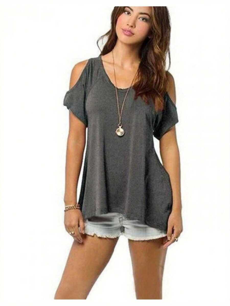 Women Summer Short Sleeve T-Shirt Hollow Out Off Shoulder V Neck Tops Solid Color Irregular Hem Loose Blouse - 深灰色 - 查看 1