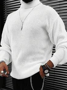 Men's Solid Color Casual Turtleneck Sweater, Autumn/Winter - White - View 1