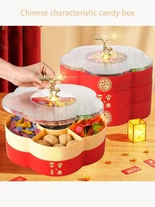 Traditional Chinese Style Candy Organizer Box, Multi-Layer Compartments, Free Set Of Stickers, Made Of Plastic, Large Capacity - Two-color - View 1