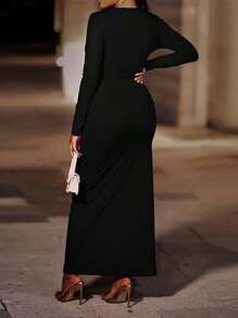 Temperamento Moda Cremallera Color Sólido Slim Split Manga Larga Vestidos Largos de Mujer Vestidos largos de mujer - Negro - Ver 4