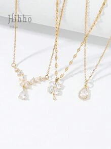 Hihho Bộ 3 dây chuyền đính đá Zirconia thiết kế hình giọt nước, hình tròn, hoa thanh lịch và thời trang, quà tặng trang sức sang trọng cho phụ nữ ngày lễ tình nhân, mẹ, mẹ, ngày của mẹ, quà tặng - Vàng - Xem 3