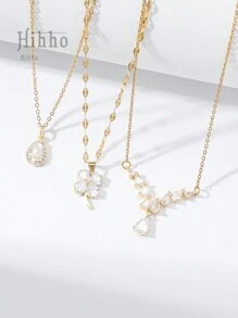Hihho Bộ 3 dây chuyền đính đá Zirconia thiết kế hình giọt nước, hình tròn, hoa thanh lịch và thời trang, quà tặng trang sức sang trọng cho phụ nữ ngày lễ tình nhân, mẹ, mẹ, ngày của mẹ, quà tặng - Vàng - Xem 5