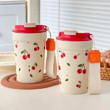 1 件 350/400 毫升便携式塑料咖啡杯，带尼龙提绳，密封防漏水杯，带盖玻璃杯，耐冷耐热牛奶咖啡杯，可重复使用的饮水杯，可用洗碗机、冰箱和微波炉清洗，适合学生和成人在家中、学校、宿舍、办公室、户外露营、野餐、旅行、上学时使用 - 彩色 - 查看 2