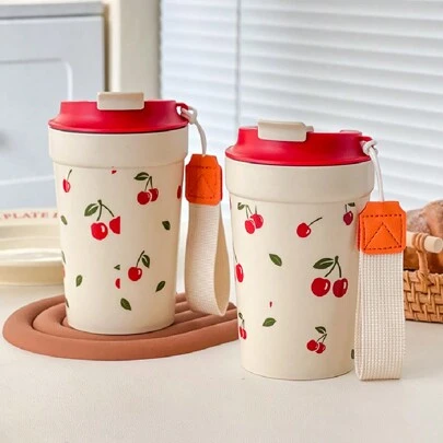 WORTHBUY 1 件 350/400 毫升便携式塑料咖啡杯，带尼龙提绳，密封防漏水杯，带盖玻璃杯，耐冷耐热牛奶咖啡杯，可重复使用的饮水杯，可用洗碗机、冰箱和微波炉清洗，适合学生和成人在家中、学校、宿舍、办公室、户外露营、野餐、旅行、上学时使用