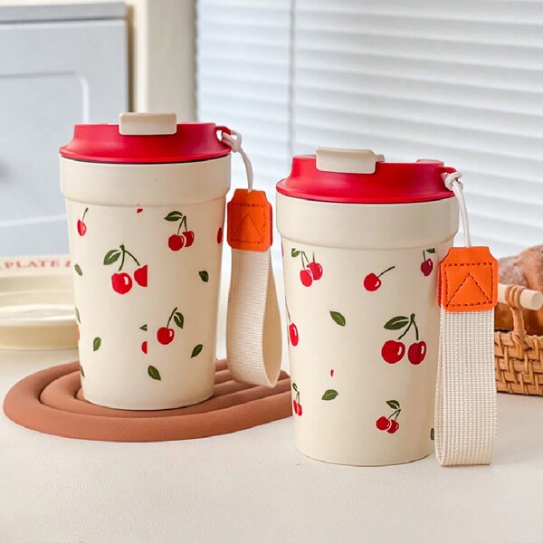 WORTHBUY 1 szt. 350/400 ml przenośny plastikowy kubek do kawy z nylonową liną podnoszącą, szczelny, szczelny kubek na wodę, kubek z pokrywką, zimny i odporny na ciepło kubek do kawy z mlekiem, wielokrotnego użytku kubek do picia odpowiedni dla uczniów, dorosłych do użytku w szkole, biurze, podróży, pikniku z powrotem do szkoły