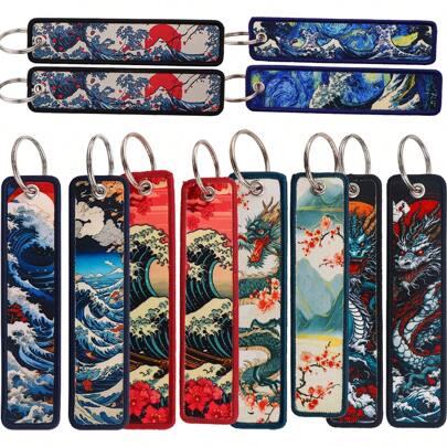 Casual Cartoon Wave & Dragon Pattern Keychain, Cute Pendant Decoration Car Accessories Bag Charm School Goth Y2k