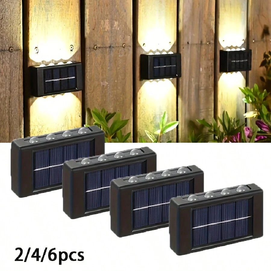 2/4/6 件 IP44 太阳能户外花园庭院栅栏路径壁灯，8LED 双头上下照明，适用于花园、庭院、栅栏、车库 - 暖光 - 查看 1