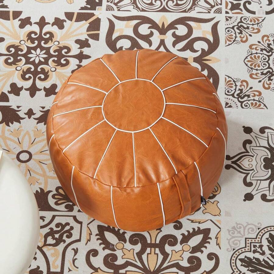 Louis Donné Unstuffed Handmade Moroccan Round Ottoman Foot Stool Pouf Cover Seat Faux Leather Storage Bean Bag Floor Chair Foot Rest For Living Room, Bedroom Or Office Indoor (Orange) - Orange - View 1