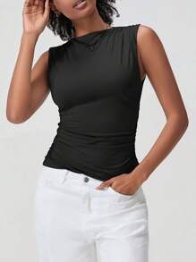 Women's Ruched Tank Tops Slim Solid Color Boat Neck Sleeveless Shirt For Party Club