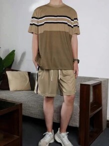 Men's Striped Casual Versatile Printed Round Neck Short Sleeve T-Shirt And Drawstring Waist Shorts Set, Spring/Summer - Khaki - View 2