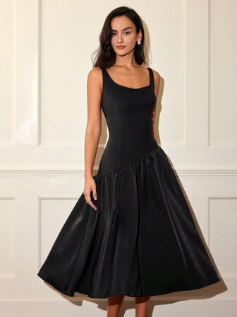 女士纯色无袖连衣裙，时尚优雅休闲拼接复古风格毕业礼服，黑色连衣裙