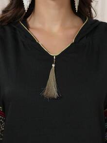 ASBB 重工刺繡金色阿拉伯女款 JALABIYA 連衣裙，附流蘇 V 領與帽子，黑色優雅禮服，2026 秋季度假派對休閒穿搭 - 黑色 - 查看 3
