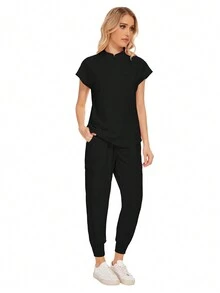 批发时尚手术服套装牙科医院制服套装纯色手术服口袋 V 领手术服套装女士慢跑裤套装