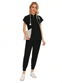 批发时尚手术服套装牙科医院制服套装纯色手术服口袋 V 领手术服套装女士慢跑裤套装