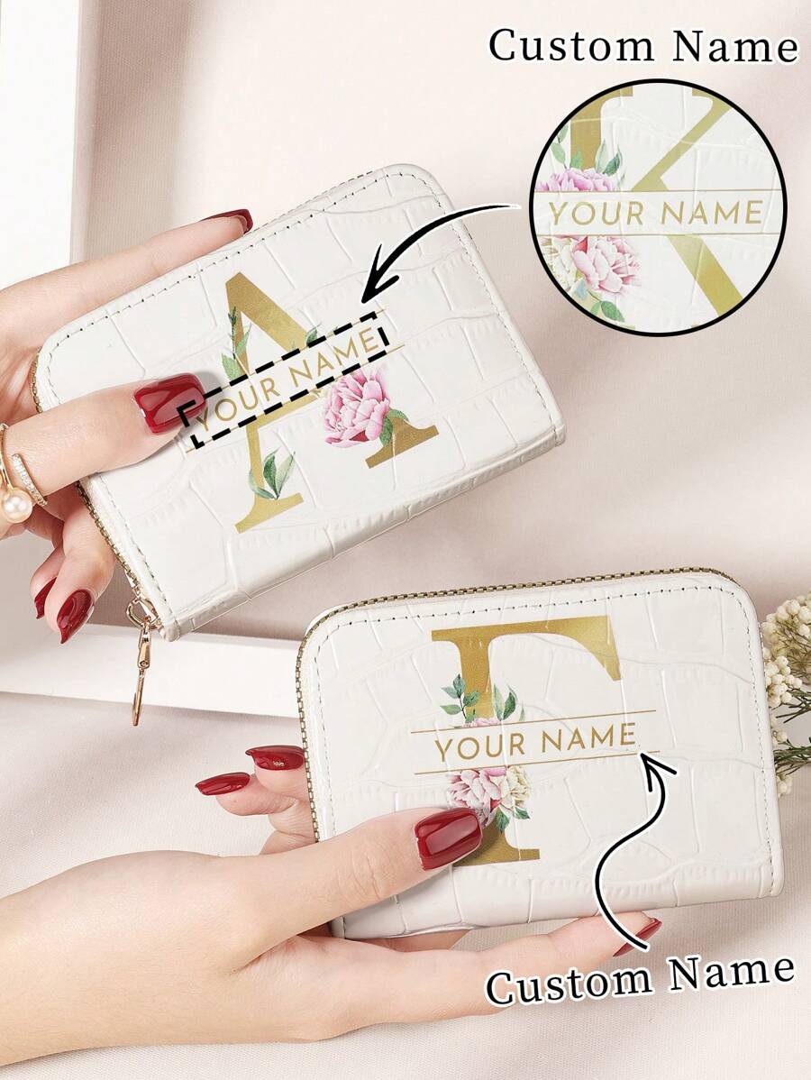 定制姓名签名鳄鱼印花字母花朵时尚多卡位卡包钱包短款钱包，情人节、母亲节、生日礼物，女士钱包和包包